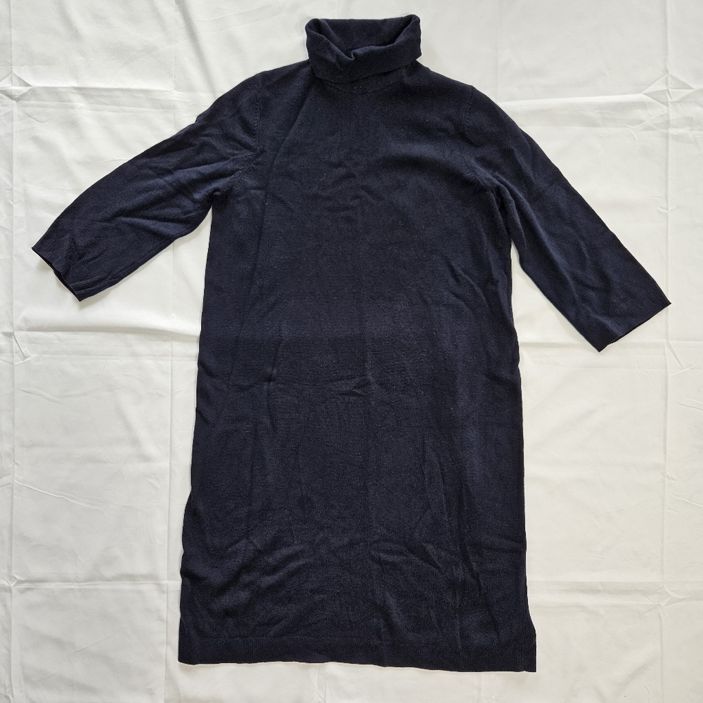 J Jill Womens S Navy Blue Knit Sweater Dress Turtleneck Three Quarter Sleeve